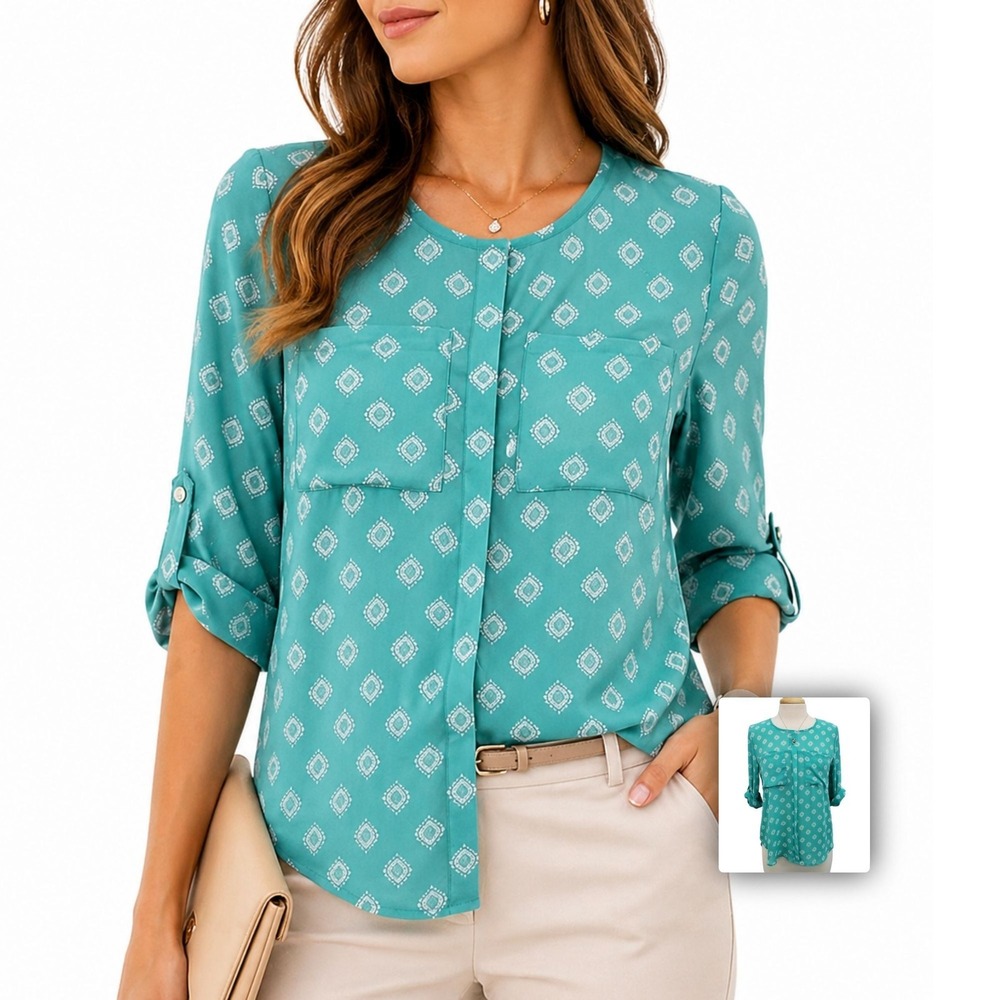 Papermoon Geometric Chiffon Blouse Roll Tab‎ Sleeve Lightweight Work Top S